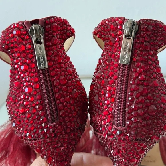 New Jimmy Choo VIOLA 110 Suede Crystal Sandals Red Ostrich Feather Tassel - Picture 15 of 17